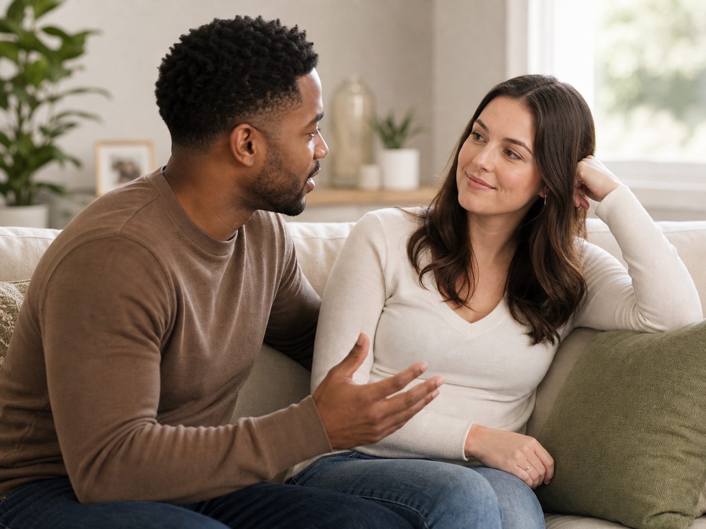 A married couple listening and talking attentively at home